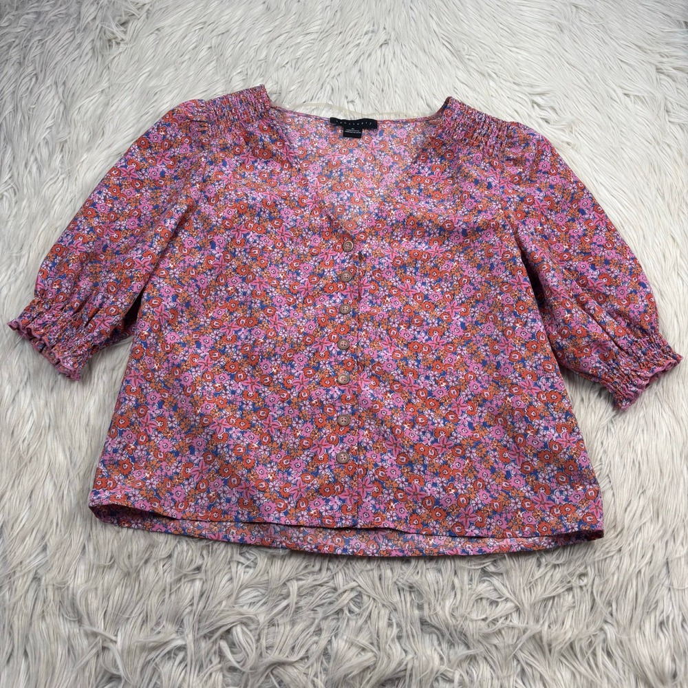 Sanctuary Women's XS Pink Floral Puff Sleeve Button Front Blouse Feminine